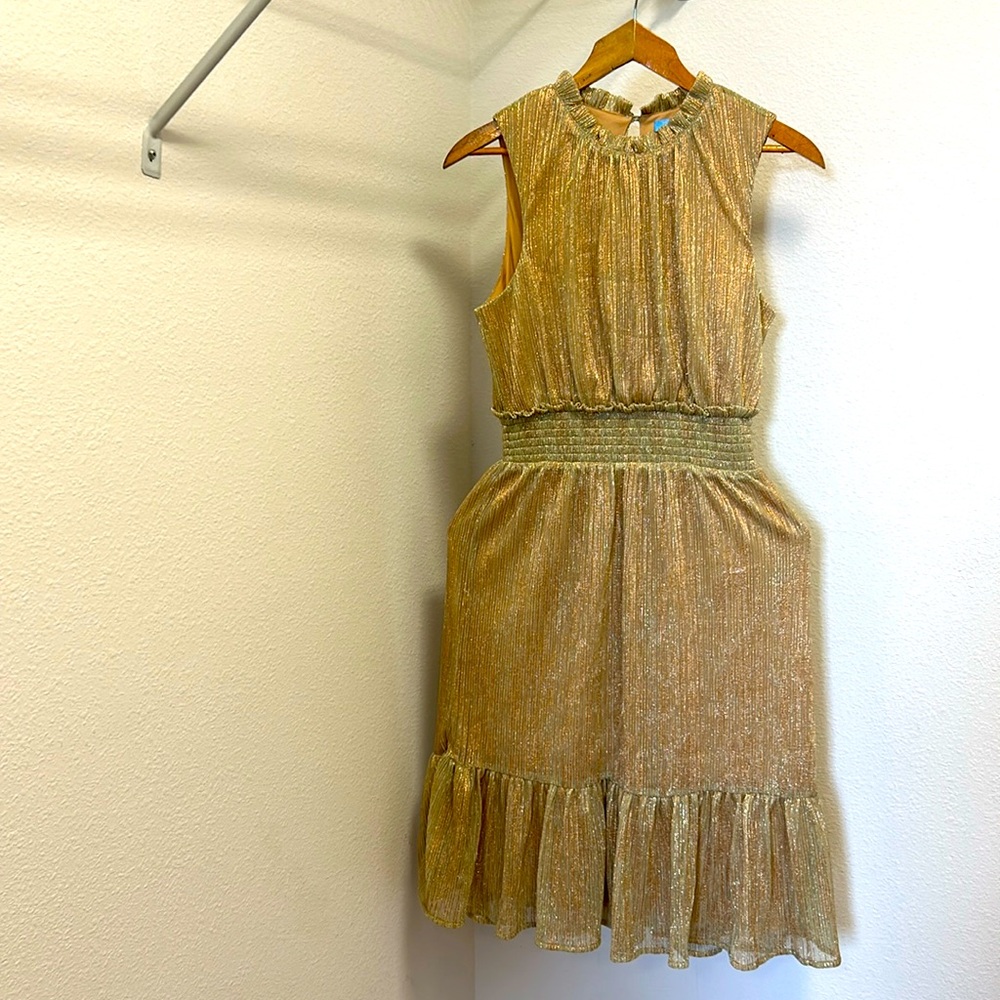 DRAPER JAMES RSVP sleeveless Gold MIDI Dress Elastic Waist Size S